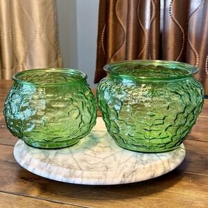 2pc VTG 60s 1960s E.O. Brody Co Cleveland Green Crinkle Glass Vase Planter Jar